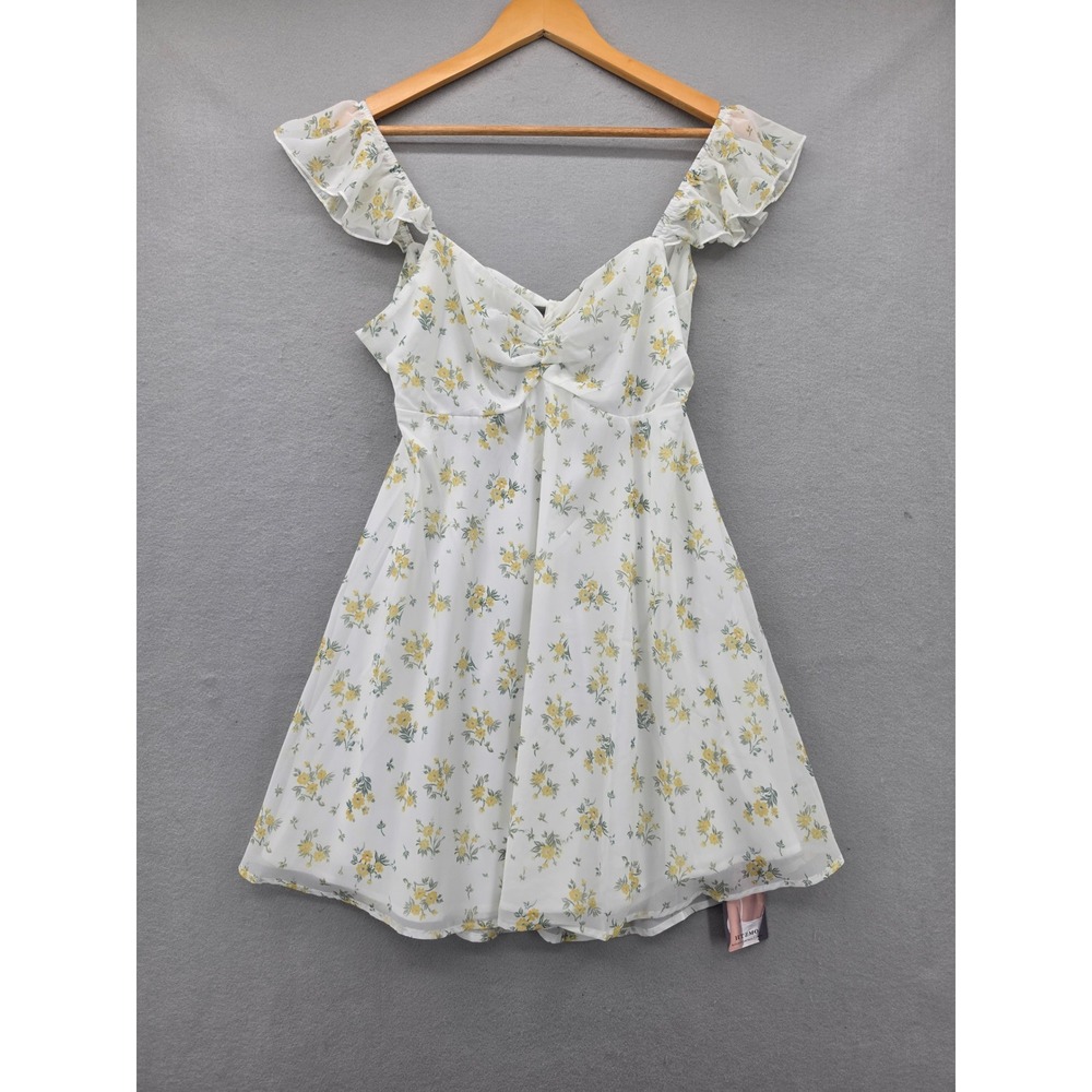 HTZMO Floral Mini Dress White Yellow Ruffle Backless Cottagecore Size M NWT